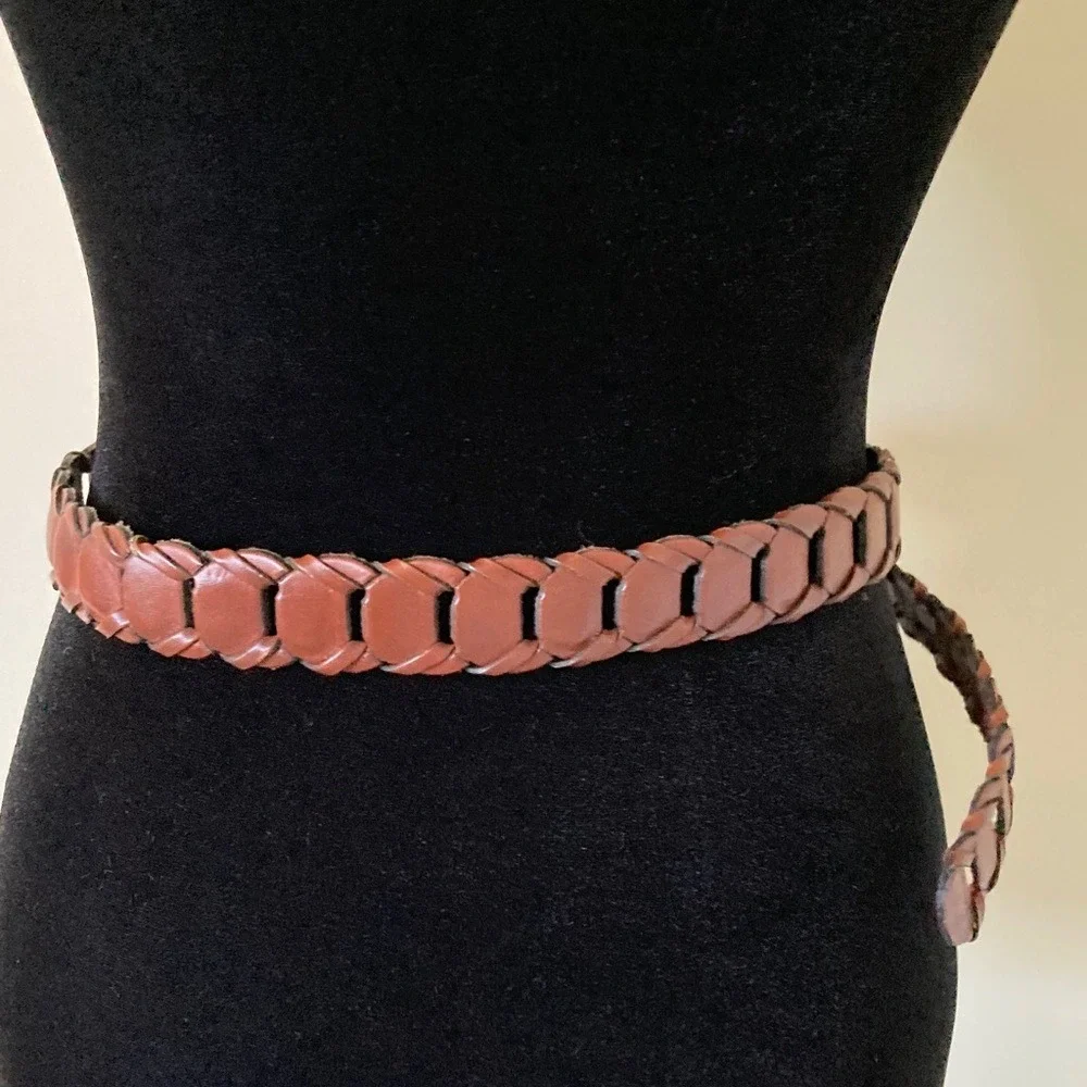 Mens Braided Brown Leather Belt Made‎ in Argentina Size 36 Brushed Brass Tone